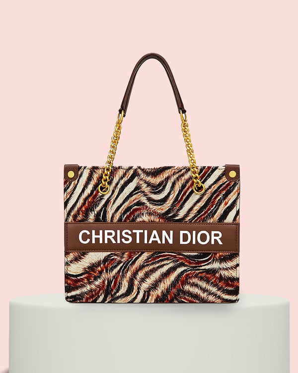 Christian Dior Inspired Zebra Print Tote with Gold Chain Straps