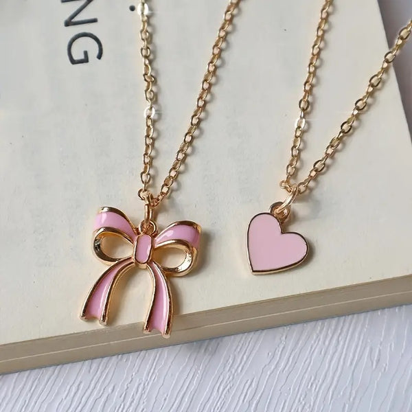 2pcs Valentine'S Day Pink Heart & Bow Tie Alloy Necklace Set, Cute Friendship Jewelry Gift